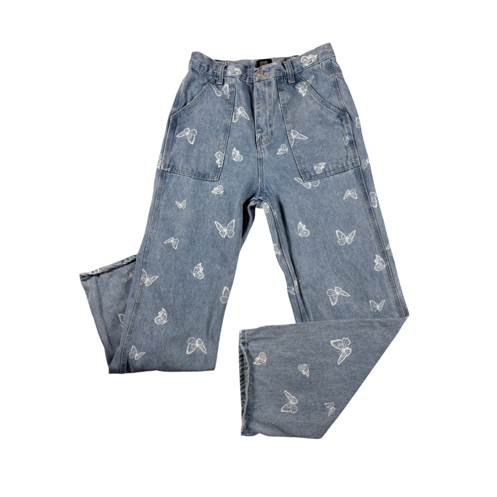 Simple Society Butterfly Print Wide Leg Carpenter Jeans Light Wash Blue Size 29